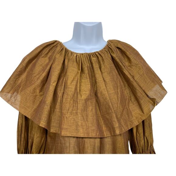 Shannon McLean Women's size S Bronze Ruffle Neck 3/4 Sleeve Designer Top - Picture 3 of 7